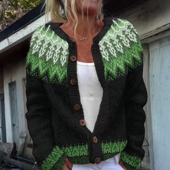 GrmtClth Fair Isle Cardigan Sweaters for Women Vintage Button Up Knitted Sweaters Soft Comfy Long Sleeve Round Neck Winter Fall Sweater Coats Green L