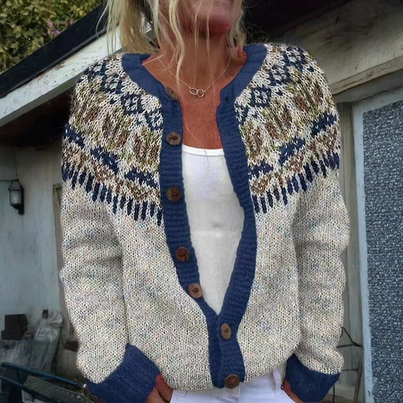 GrmtClth Fair Isle Womens Cardigan Casual Button Down Knitted Chunky Sweater Comfy Soft Long Sleeve Crewneck Winter Autumn Sweater Coats Gray L