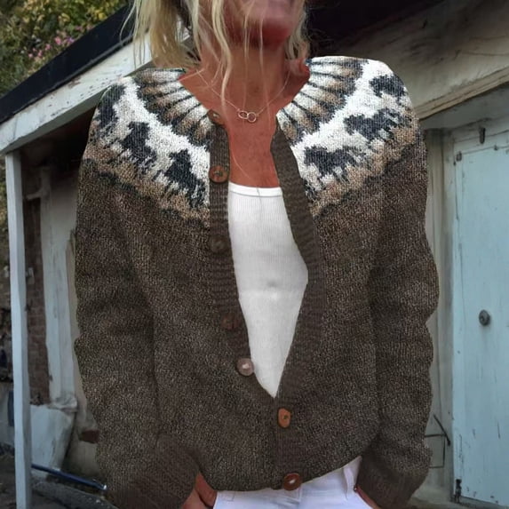GrmtClth Fair Isle Womens Cardigan Fashion Button Up Knitted Chunky Sweater Comfort Soft Long Sleeve Round Neck Winter Fall Outerwear Brown L