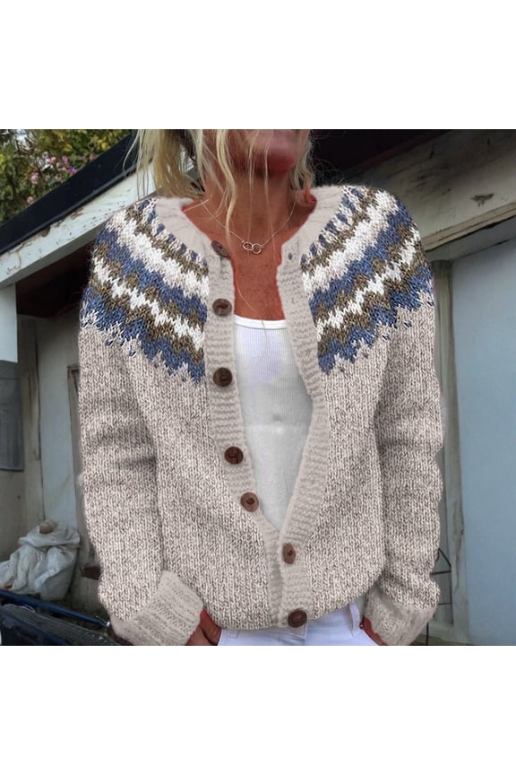 Fair Isle Womens Cardigan Fashion Button Up Knitted Sweaters Cozy Fit Long Sleeve Crewneck Winter Autumn Outerwear Beige L
