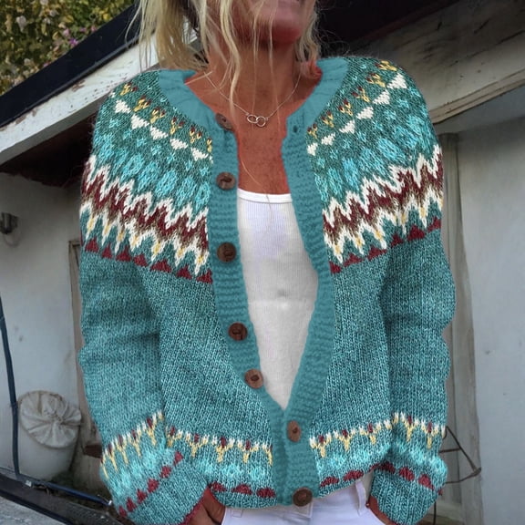 GrmtClth Fair Isle Womens Cardigan Sweaters Classic Button Down Chunky Sweater Comfort Soft Long Sleeve Crewneck Winter Fall Sweater Coats Blue XXL
