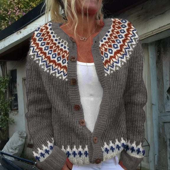 GrmtClth Fair Isle Womens Cardigan Sweaters Vintage Button Up Knitted Sweaters Cozy Soft Long Sleeve Crewneck Winter Fall Outerwear Gray L