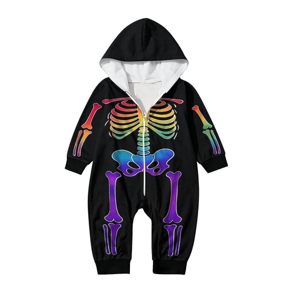 GrmtClth Family Halloween Onesie Full Zip Hooded Skeleton Print Long Sleeve Matching Family Cosplay Jumpsuits 12 Months