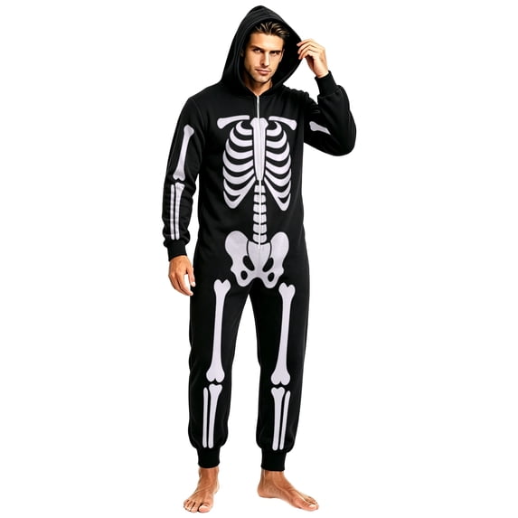 GrmtClth Family Halloween Onesie Zip‑Up Hood Design Skeleton Print Casual Halloween Festival Party Jumpsuits 3XL