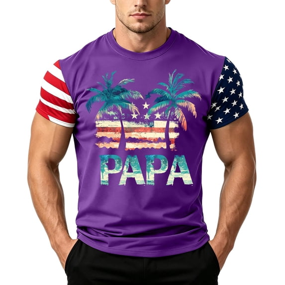 GrmtClth Father's Day Gift Casual Dad Papa Print American Flag Top Classic Fourth Of July Patriotic Shirt Fashion Comfortable Short Sleeved Independence Day Tee Purple L