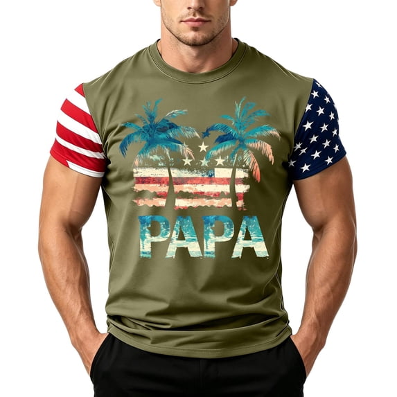 GrmtClth Father's Day Gift Summer Dad Papa Print American Flag Top Vintage Fourth Of July Patriotic Shirt Lightweight Soft Short Sleeved Independence Day Tee Army Green 4XL