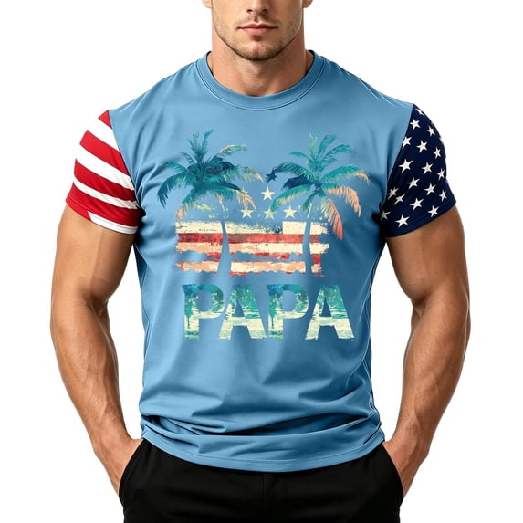 GrmtClth Father's Day Gift Summer Dad Papa Print American Flag Tops Classic 4th Of July Patriotic Shirts Quick Dry Soft Short Sleeved Independence Day T-Shirt Light Blue M