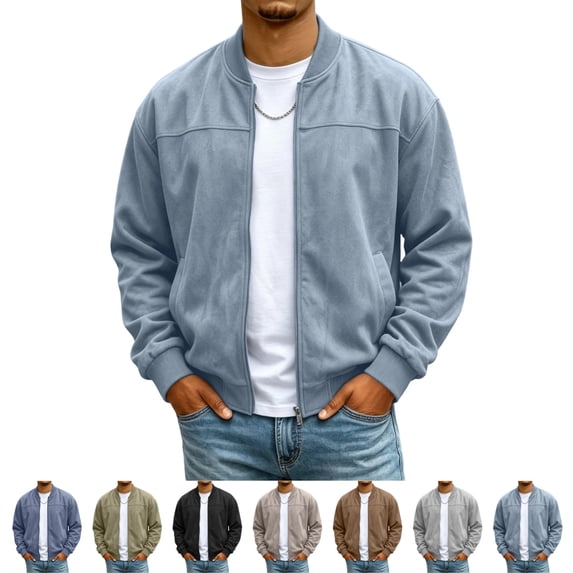 GrmtClth Faux Suede Bomber Jacket for Men Soft Faux‑Suede Fabric Zip‑Up Baseball Collar Ribbed Trim Relaxed‑Fit Outerwear