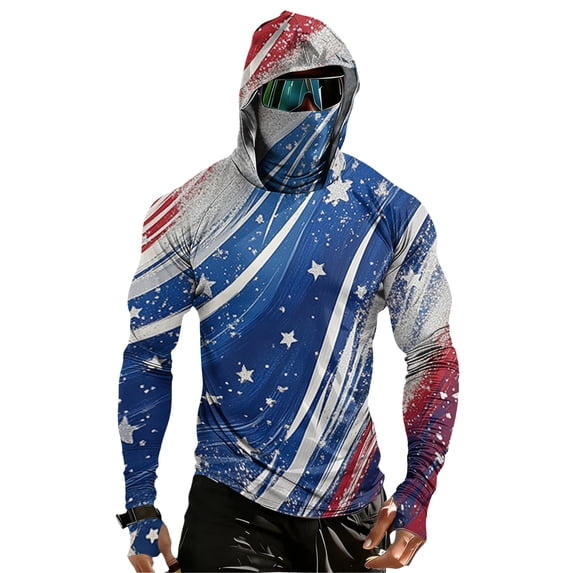 GrmtClth Fishing Shirts for Men Independence Day American Flag Pattern Hiking Long Sleeve Trendy Hoodies with Face Mask Upf 50+ Sun Protection Tops Royal Blue L