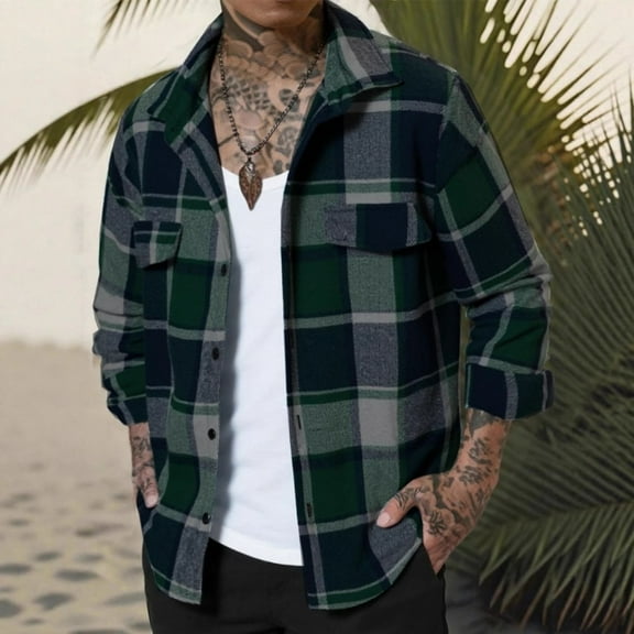 GrmtClth Flannel Shirt for Men Lightweight Plaid Shirts Button Up Casual Shirt Jacket Long Sleeve Shirt Shackets with Pocket Green XL