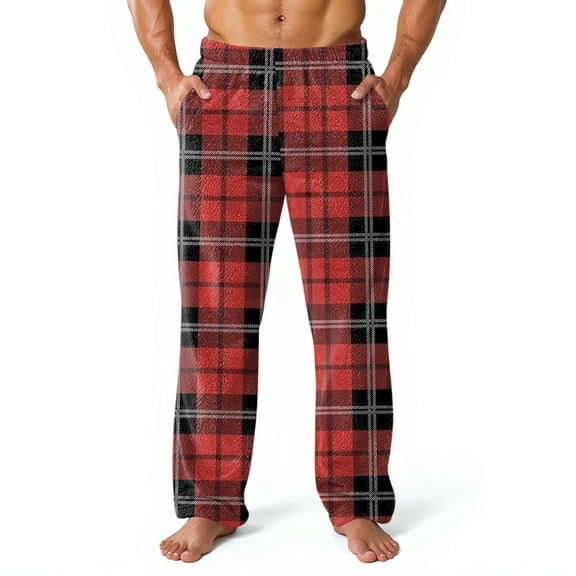 GrmtClth Fleece Pajama Pants for Men Casual Flannel Comfy Soft Plush Plaid Night Pants Fluffy Fall Warm Pj Bottoms with Pockets Red M
