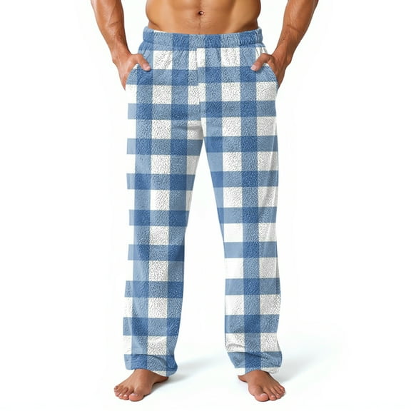 GrmtClth Fleece Pajama Pants for Men Casual Flannel Soft Comfy Plush Plaid Sleepwear Cozy Winter Fall Thermal Pj Pants with Pockets Light Blue L