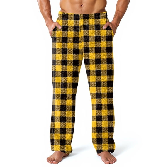 GrmtClth Fleece Pajama Pants for Men Trendy Flannel Comfort Soft Plush Plaid Night Pants Fluffy Winter Fall Warm Pj Bottoms with Pockets Yellow XL