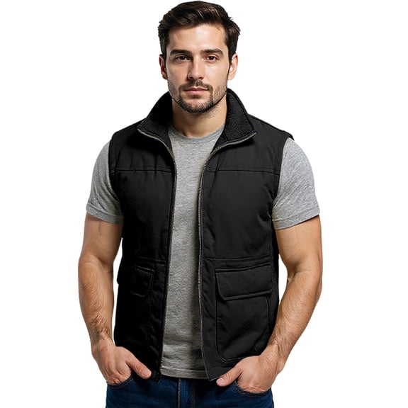GrmtClth Fleece Vest Men Fashion Zip Up Sleeveless Jackets Comfort Soft Thermal Winter Coat with Pockets Black XXL