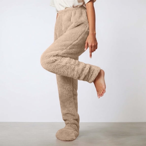 GrmtClth Footed Pajamas Pants Women Trendy Coral Fleece Sleep Pants Winter Thermal Comfort Soft Elastic Waist Pj Bottoms Khaki XL