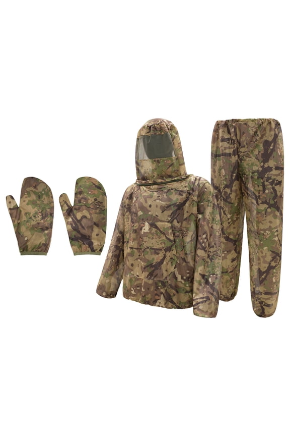 Full Body Coverage Camo Mesh Insect Guard Suit Long Sleeve Mesh Top Elastic Cuff Trousers With Protective Mesh Gloves Forest Wildlife Hunting Outfit Yellow L