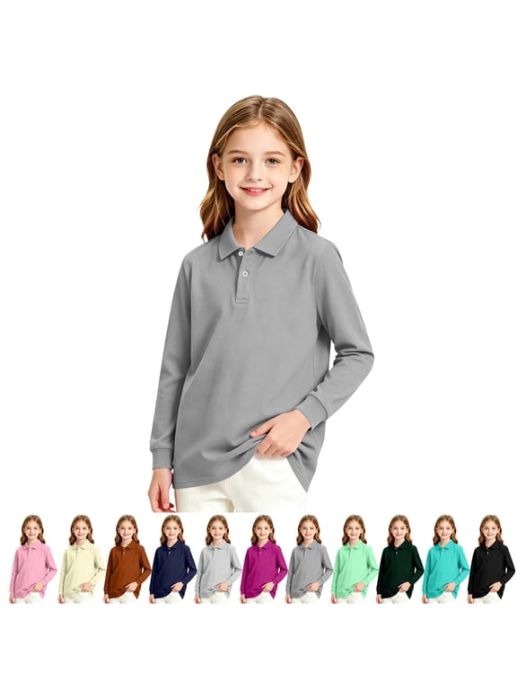 Girls School Uniform Active Collared Polo Shirts Moisture Wicking Kids Sports Casual Daily Tops Gray 9-10Years
