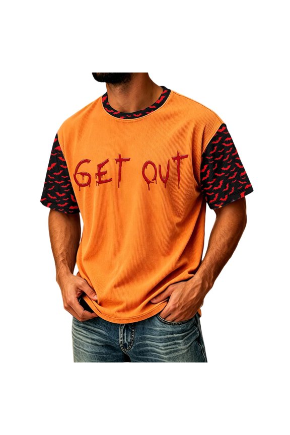 Halloween Contrast Raglan Casual Tee For Men Plain Base Horror Drip Letter Raglan Sleeve Casual Festival Daily Breathable Outfit Orange S