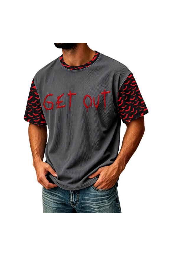 Halloween Contrast Raglan Casual Tee For Men Single Solid Tone Body Allover Tiny Mini Red Bat Print Raglan Sleeve Loose Halloween Holiday Soft Vacation Apparel Dark Gray S