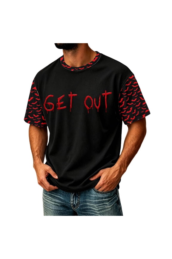 Halloween Contrast Raglan Casual Tee For Men Tiny Scattered Red Bat Allover Sleeve Print Soft Loose Halloween Daily Party Street Blouse Black M