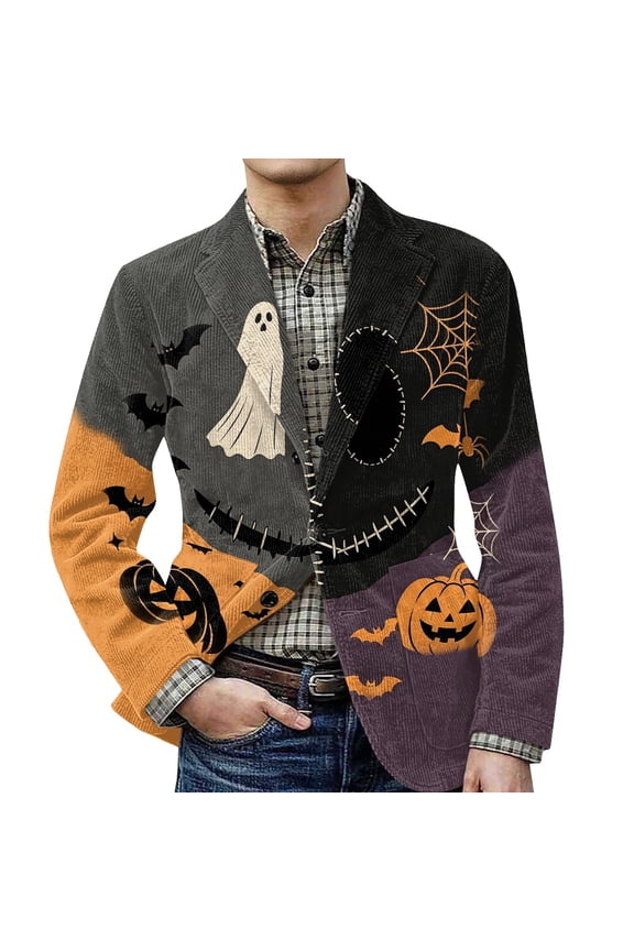 Halloween Full Print Casual Suit Coat For Men Small Repeat Halloween Motifs Full Sleeve Loose Light Festival Vacation Blazer Saffron M
