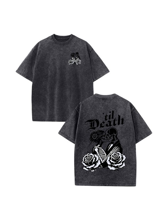 Halloween Gothic Skull Rose Graphic Oversized Soft Men’s Tee Distressed Acid Wash Lightweight Breathable Loose Crew Neck Short Sleeve Shirt Black XL