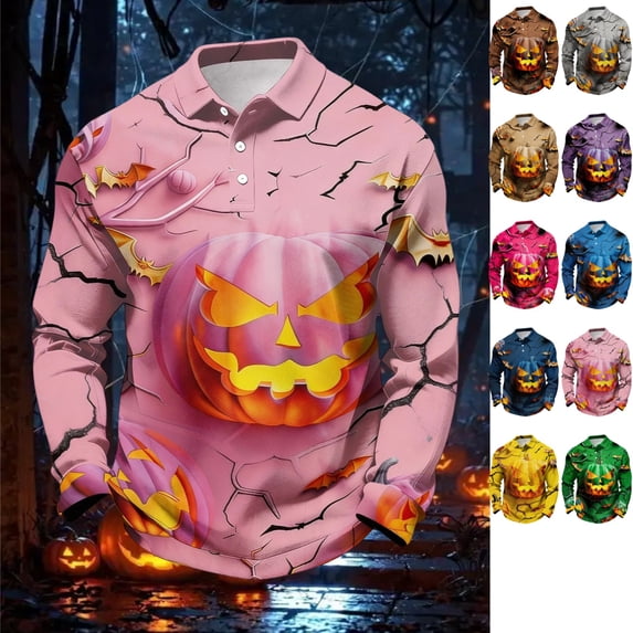 GrmtClth Halloween Long Sleeve Polo Shirts For Men Classic Collar Novelty Pumpkin Bat Graphic Soft Stretch Breathable Fabric Holiday Party Casual Golf Pullover Tops Pink L