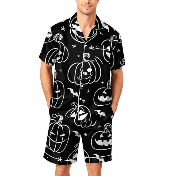 GrmtClth Halloween Pajamas for Men Short Sleeve Satin Finish Button Down Pumpkin Pattern Two-Piece Summer Loungewear Sleep Pjs Set with Pockets Black 4XL