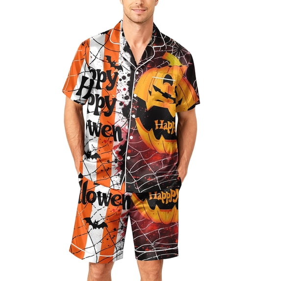 GrmtClth Halloween Pajamas for Men Short Sleeve Satin Finish Button Down Pumpkin Pattern Two-Piece Summer Loungewear Sleep Pjs Set with Pockets White 4XL