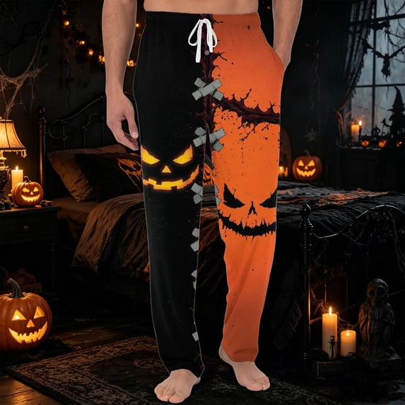 GrmtClth Halloween Pajamas Pants for Men Breathable Bottoms Witch Pumpkin Ghost Face Graphic Print Loose Fit Night Pants for 2026 Halloween with Pocket Saffron L