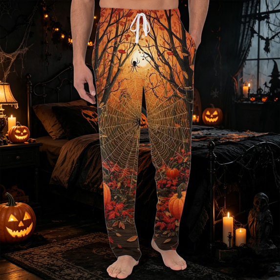 GrmtClth Halloween Pajamas Pants for Men Funny Novelty Sleep Lounge Pants Witch Pumpkin Ghost Face Print Comfy Night Pants for 2026 Halloween with Pocket Earthy Yellow 3XL