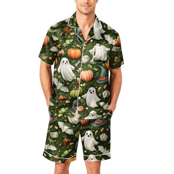 GrmtClth Halloween Pajamas for Men Two-Piece Loungewear Satin-Like Short Sleeve Button Up Pumpkin Print Sleep Pjs Set with Side Pockets Yellow XL