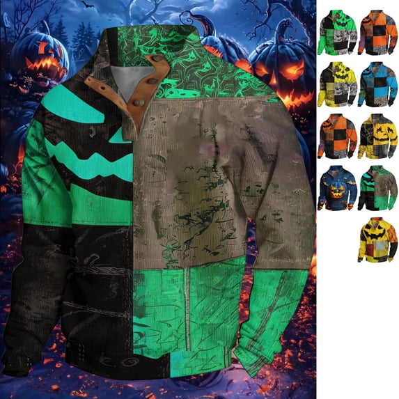 GrmtClth Halloween Polo Shirts For Men Long Sleeve Regular Fit Scary Pumpkin Skeleton Patchwork Print Soft Ribbed Casual Holiday Party Golf Athletic Tops Light Green L