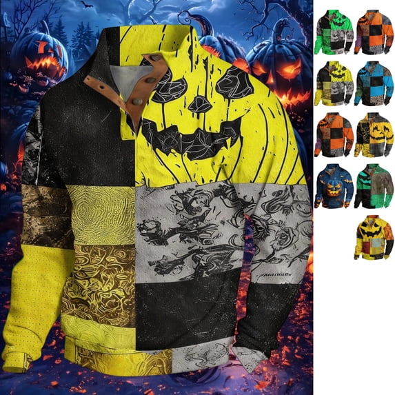 GrmtClth Halloween Polo Shirts For Men Long Sleeve Regular Fit Scary Pumpkin Skeleton Patchwork Print Soft Ribbed Casual Holiday Party Golf Athletic Tops Earthy Yellow L