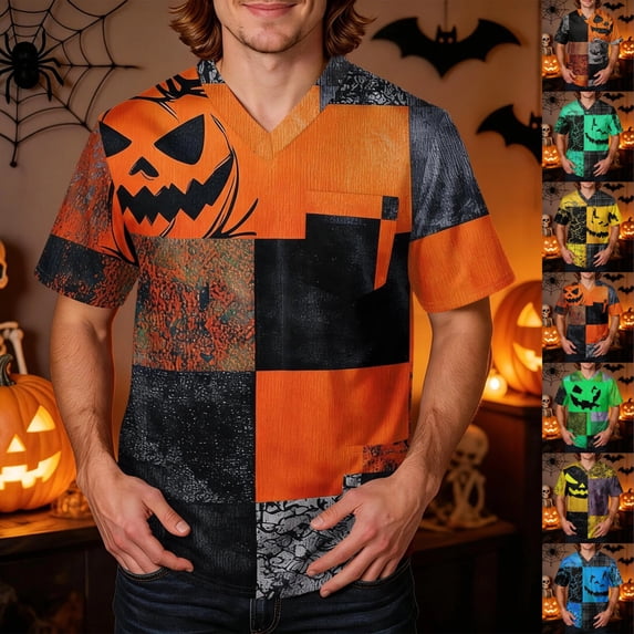 GrmtClth Halloween Pumpkin Print Short Sleeve Scrub Tops Men Spliced Plaid Patch V Neck Soft Air Permeable Relaxed Fit Daily Nursing Hospital Casual Wear Shirts Orange 4XL