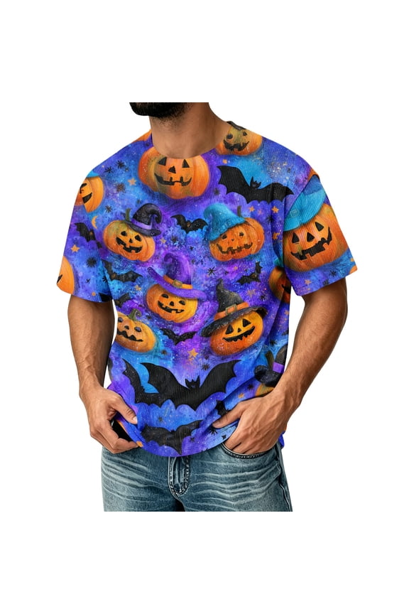 Halloween Shirts for Men Short Sleeve Witch Pumpkin Bat Ghost Print Round Neck T-Shirt Classic Fit Corduroy Party Outfit Holiday Fashion Clothes for 2026 Halloween Purple 3XL
