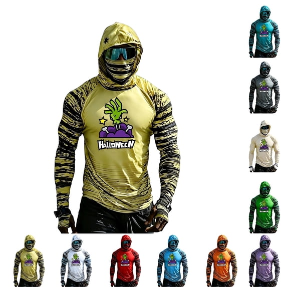 GrmtClth Halloween Sun Protection Shirt Mens Full Face & Neck Cover Hooded Sun Protection Long Sleeve Halloween Mens Tops Yellow 2XL