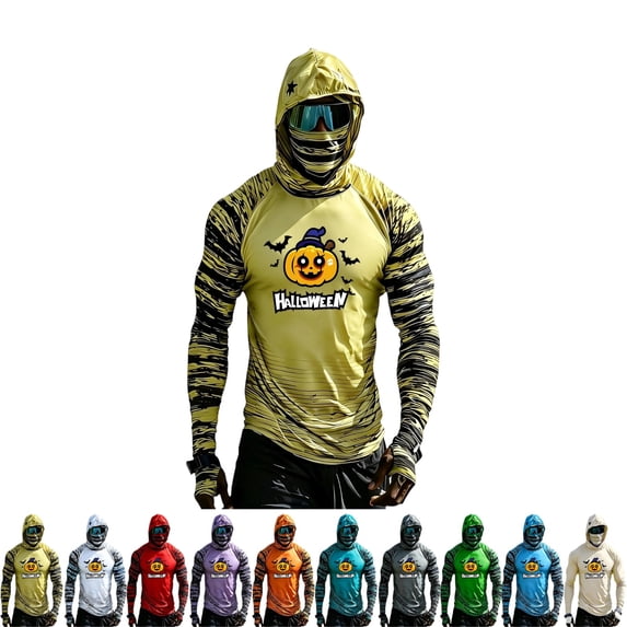 GrmtClth Halloween Sun Protection Shirt Mens Full Face & Neck Cover Hooded Sun Protection Long Sleeve Halloween Mens Tops Yellow 2XL