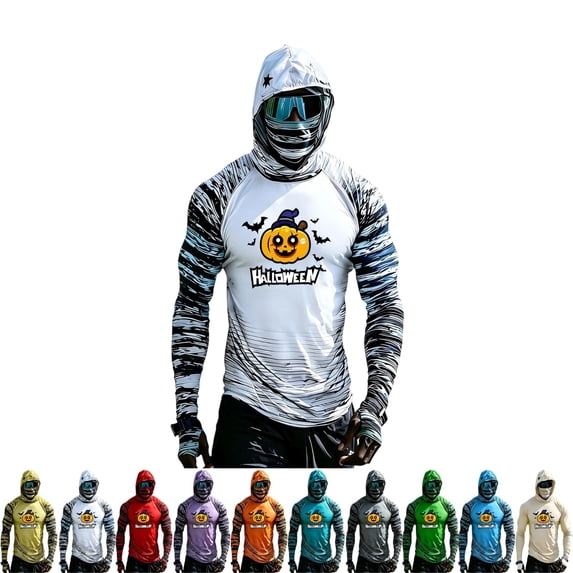 GrmtClth Halloween Sun Protection Shirt Mens Halloween Pumpkin Print Hooded Sun Protection Long Sleeve Beach Outerwear White 2XL