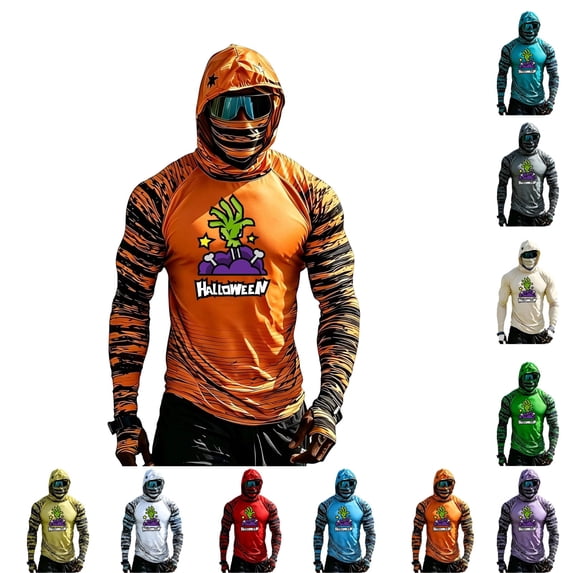 GrmtClth Halloween Sun Protection Shirt Mens Summer Fishing Hooded Sun Protection Long Sleeve Halloween Graphic Tops Orange S