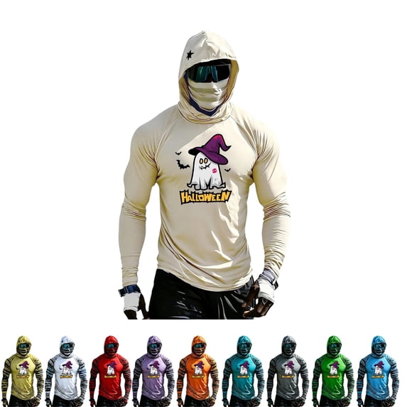 GrmtClth Halloween Sun Protection Shirt Witch Ghost Graphic Hooded Long Sleeve Full Face Cover Mens Outdoor Fishing Shirts Beige 2XL