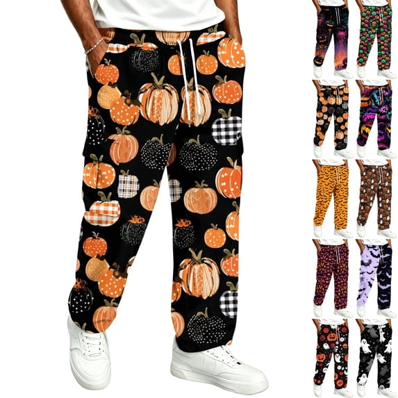 GrmtClth Halloween Sweatpants For Men Plus Size Allover Spooky Print Relaxed Cuffed Joggers Elastic Drawstring Side Pockets Breathable Daily Leisure Pants Orange 5XL