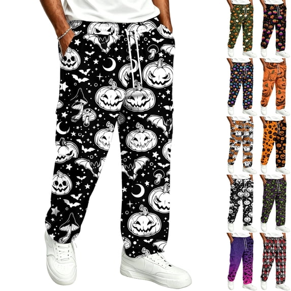 GrmtClth Halloween Sweatpants For Men All Over Pumpkin Bat Print Cuffed Joggers Soft Breathable Fabric Pockets Plus Size Indoor Outdoor Trousers White S
