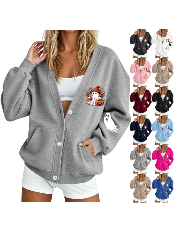 Halloween Sweatshirt Cardigan Women Ghost Print Button Down Bomber Jacket V-Neck Open Front Drop Shoulder Home Lounge Sweatshirt Casual Jackets 2XL