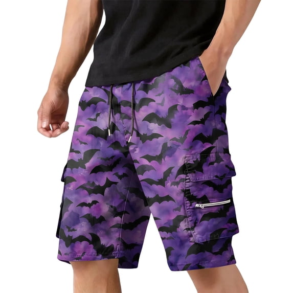GrmtClth Halloween print shorts for men Funny Jack O Lantern Cute Pumpkin Utility Cargo Shorts Quick Dry Knee Length Short Pants Fun Travel Beach Clothing Dark Purple 2XL