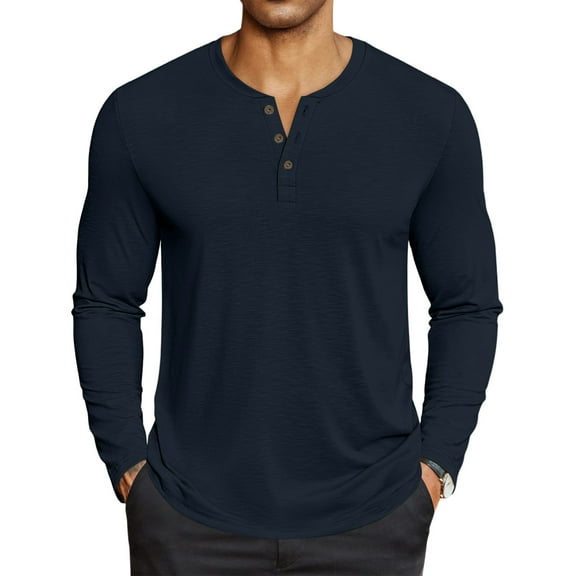 GrmtClth Henley Shirts for Men Casual Long Sleeve Button T-Shirt Cotton Blend Lightweight Loose Fit Basic Top Shirts 2025 Fall Navy XL