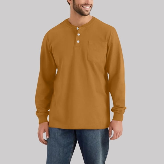 GrmtClth Henley Shirts for Men Casual Long Sleeve Button Up T-Shirts Soft Comfy Basic Tee Tops with pocket Light Brown M