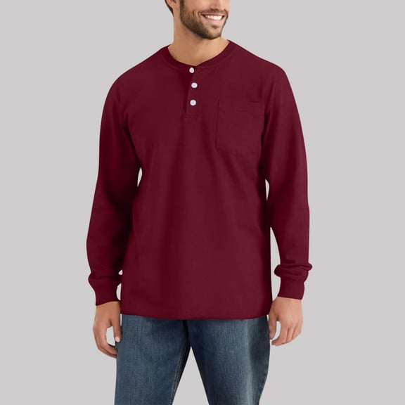 GrmtClth Henley Shirts for Men Fashion Long Sleeve Button Up T-Shirts Cotton Blend Basic Pullover Shirt with pocket Wine XXXL