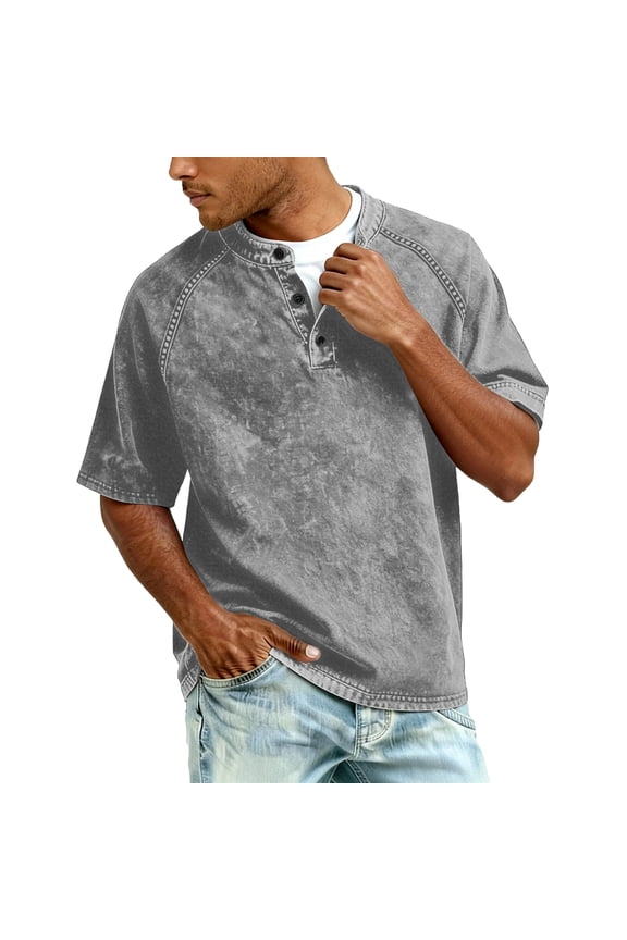 Henley Shirts for Men Vintage Distressed Cotton Shirts Short Sleeve Acid Washed Tee Shirts with Button Placket Oversized Pullover Gray XL