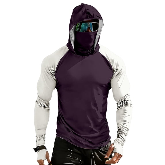 GrmtClth Hooded Sun Shirts for Cxmen Long Sleeve Sun Protection Shirt Fishing Hiking Running Rash Guard Lightweight Moisture Wicking color-block Shirts SPF UV Hoodie with Mask Dark Purple 4XL
